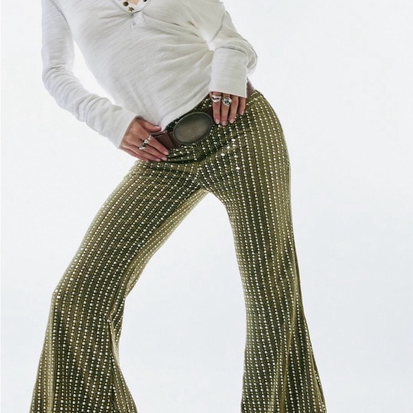 Free People start me up Shimmering Gold moss stone Flare Pants
